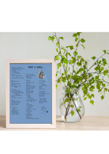 Framed print with text and illustration next to a vase with green branches on a light background