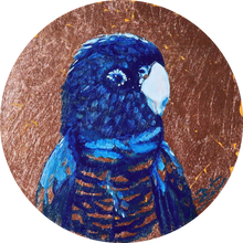 Original copper leaf painting of Australian bird red tailed black cockatoo by artist Sarah Slater