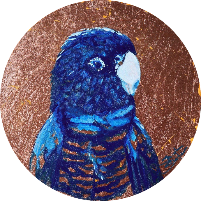 Original copper leaf painting of Australian bird red tailed black cockatoo by artist Sarah Slater