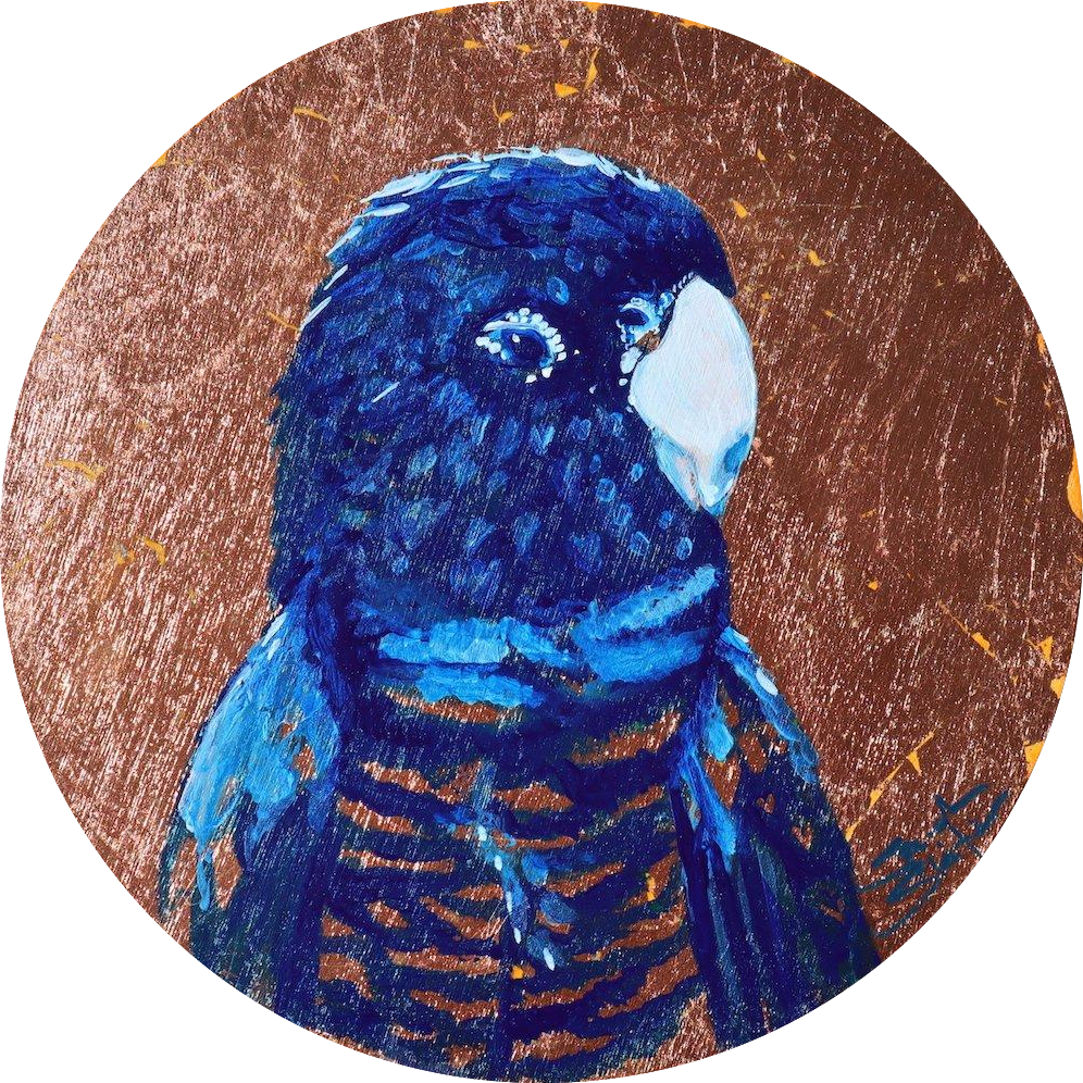 Original copper leaf painting of Australian bird red tailed black cockatoo by artist Sarah Slater